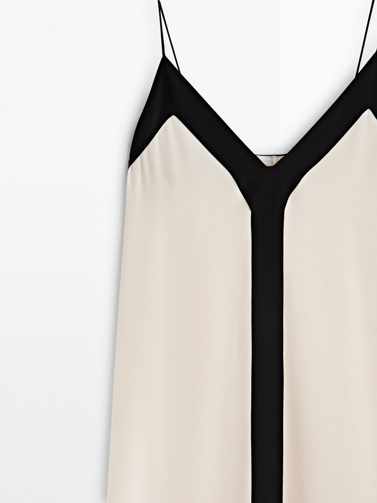 Vestido tirantes escote pico contraste - CRUDO