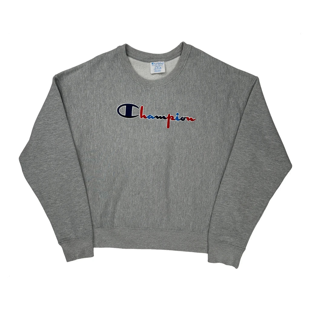 Reverse Weave Champion Spellout Sweatshirt - Large Gray Cotton