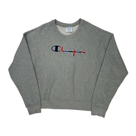 Reverse Weave Champion Spellout Sweatshirt - Large Gray Cotton