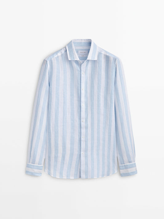 Camisa rayas anchas 100% lino slim fit - CELESTE