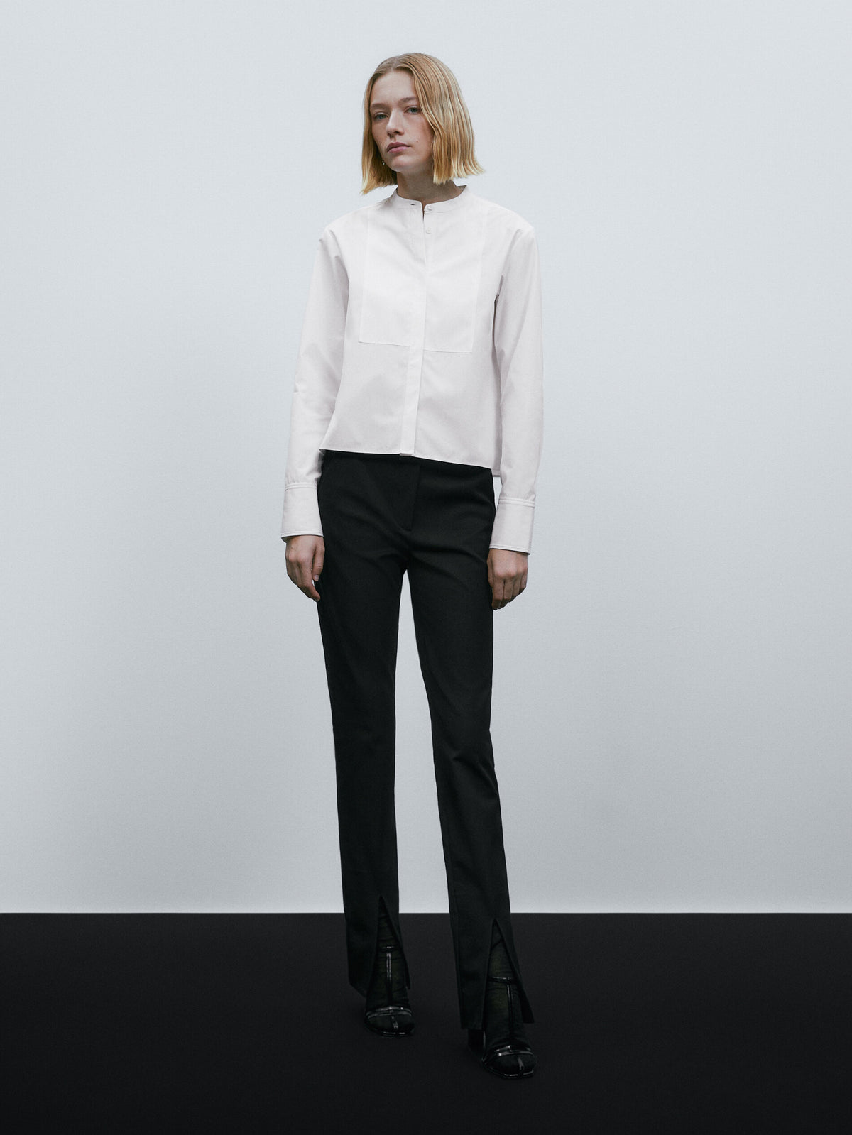 Camisa popelín cuello mao pechera - BLANCO