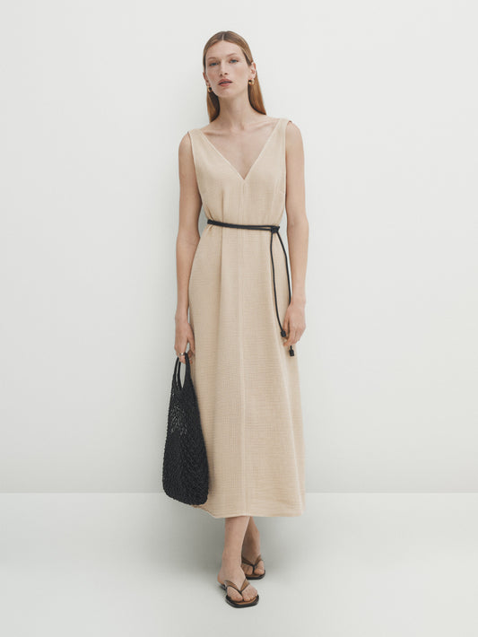 Vestido midi estructura rústica - BEIGE