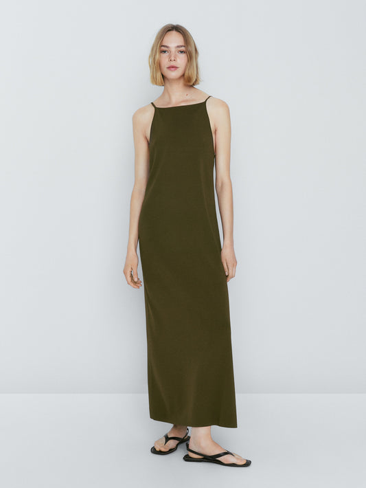 Vestido punto tirantes escote cuadrado - KAKI OSCURO