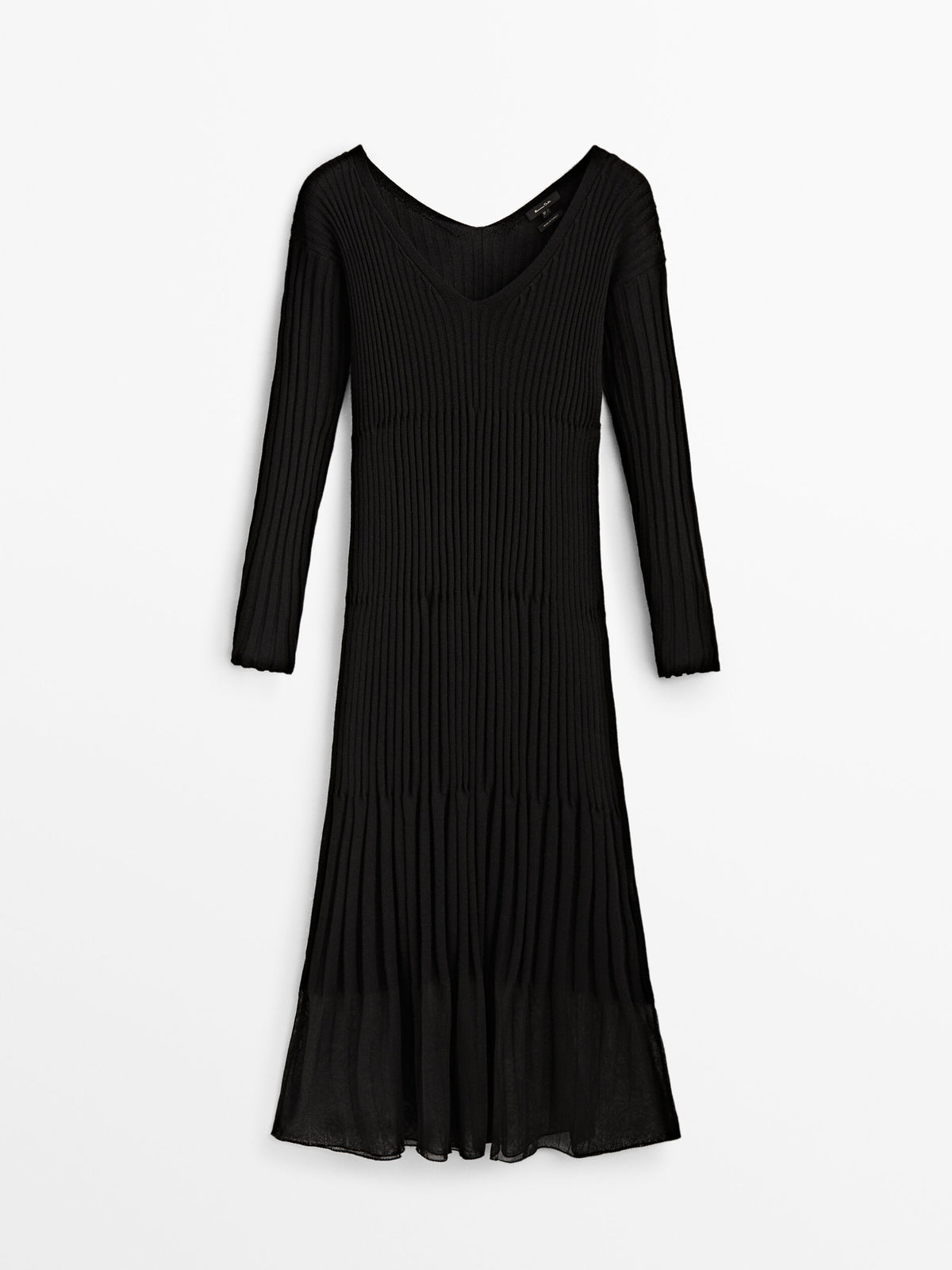 Vestido largo canalé negro cuello pico - NEGRO