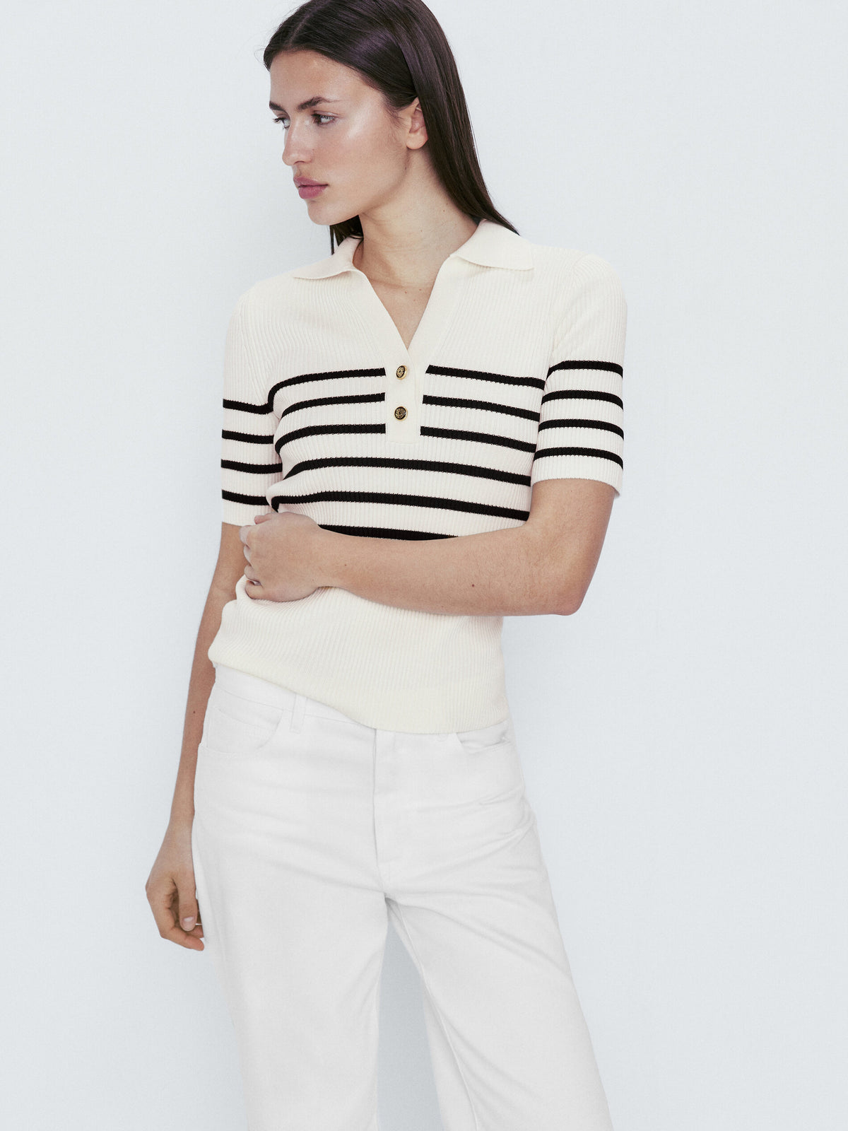 Jersey cuello polo canalé rayas - CRUDO