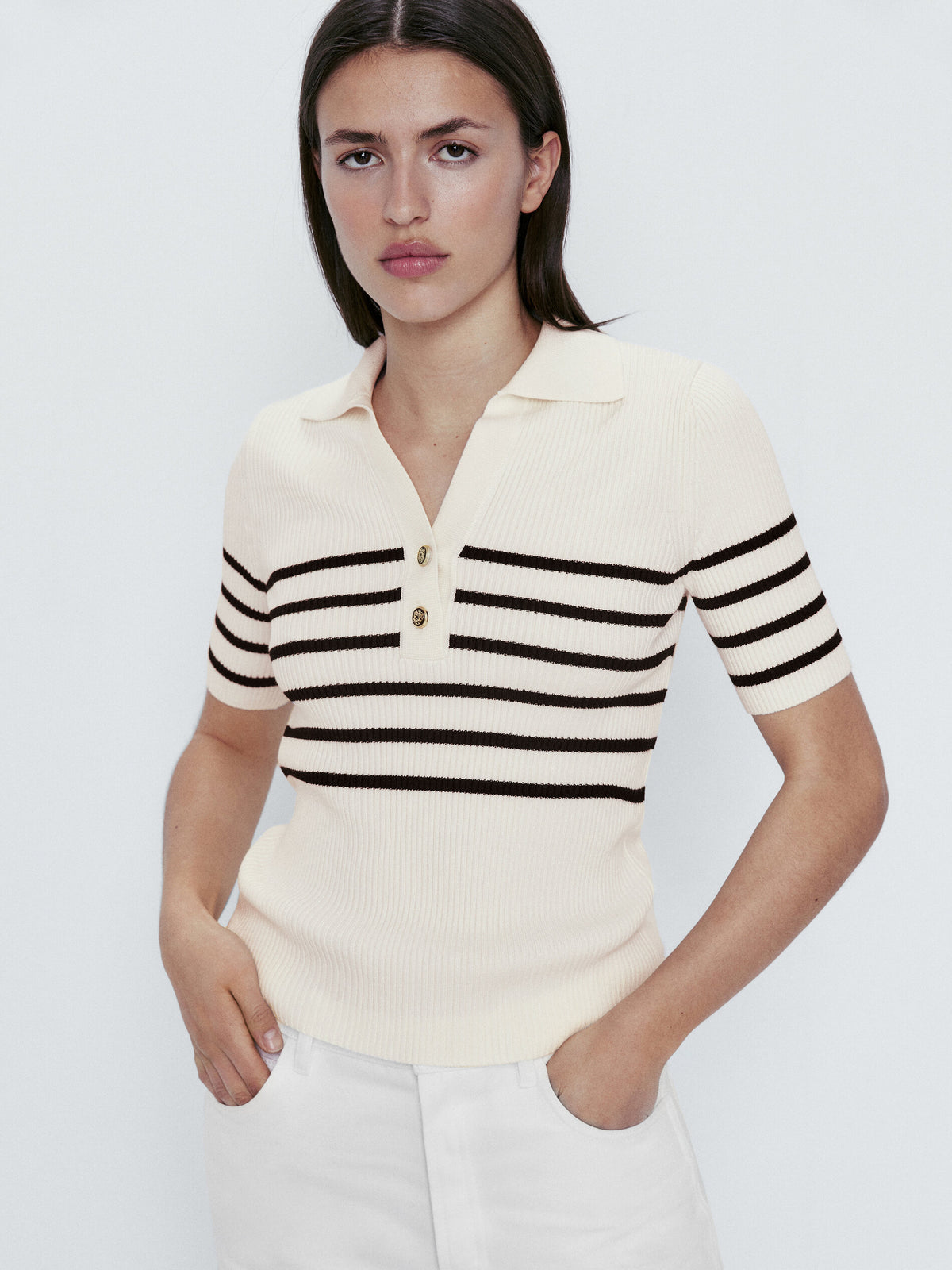 Jersey cuello polo canalé rayas - CRUDO