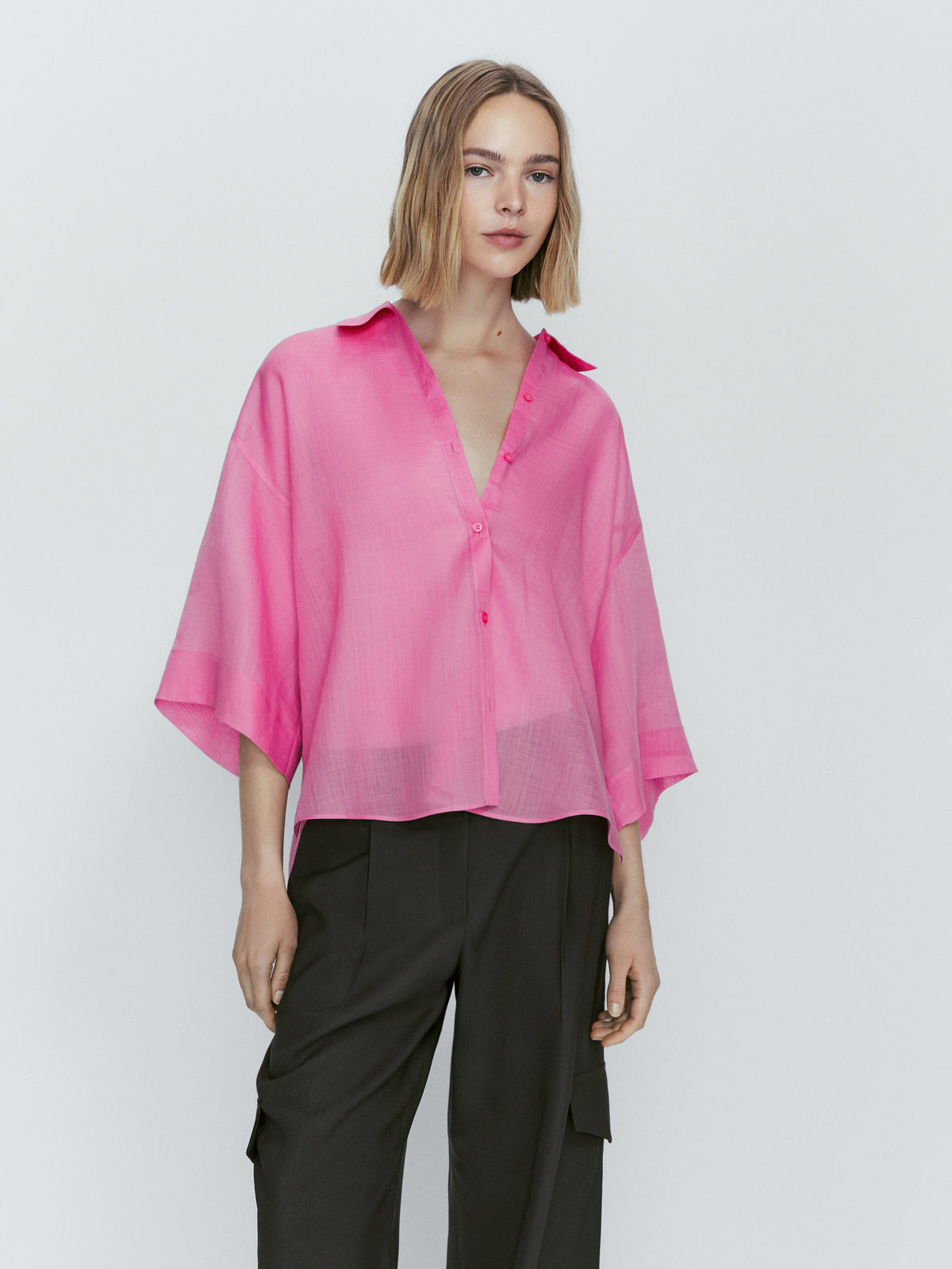 Camisa 100% ramio manga corta - ROSA
