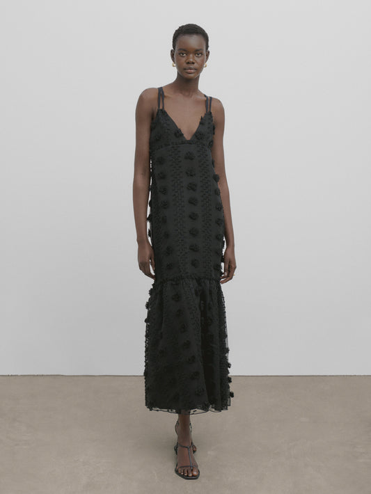 Vestido largo relieve doble tirante -Studio - NEGRO