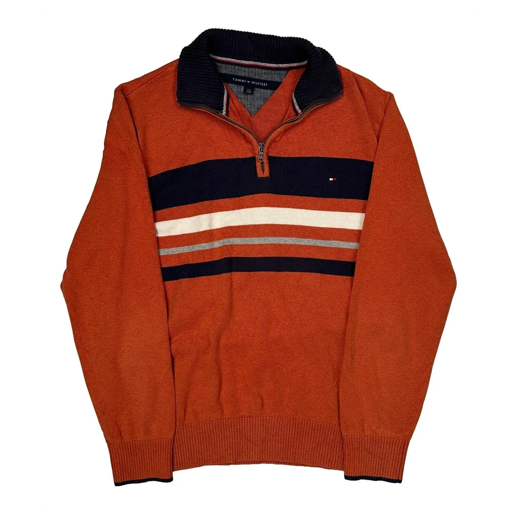 Tommy Hilfiger Striped 1/4 Zip - Large Orange Cotton