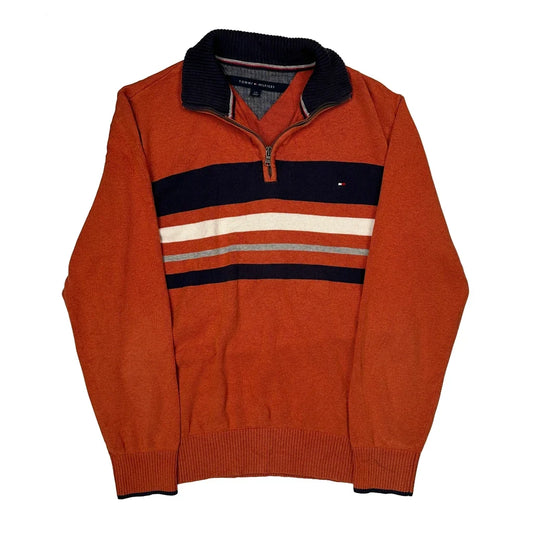 Tommy Hilfiger Striped 1/4 Zip - Large Orange Cotton