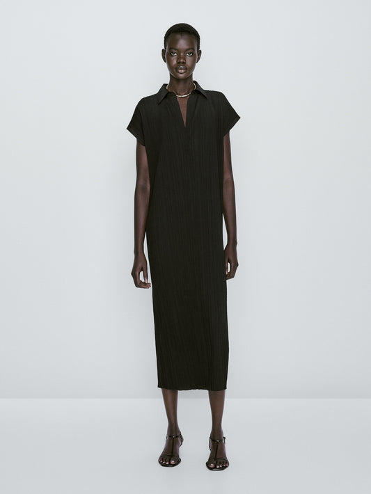 Vestido polo plisado - NEGRO