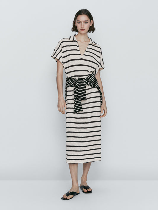 Vestido polo rayas mezcla algodón estructura - CRUDO