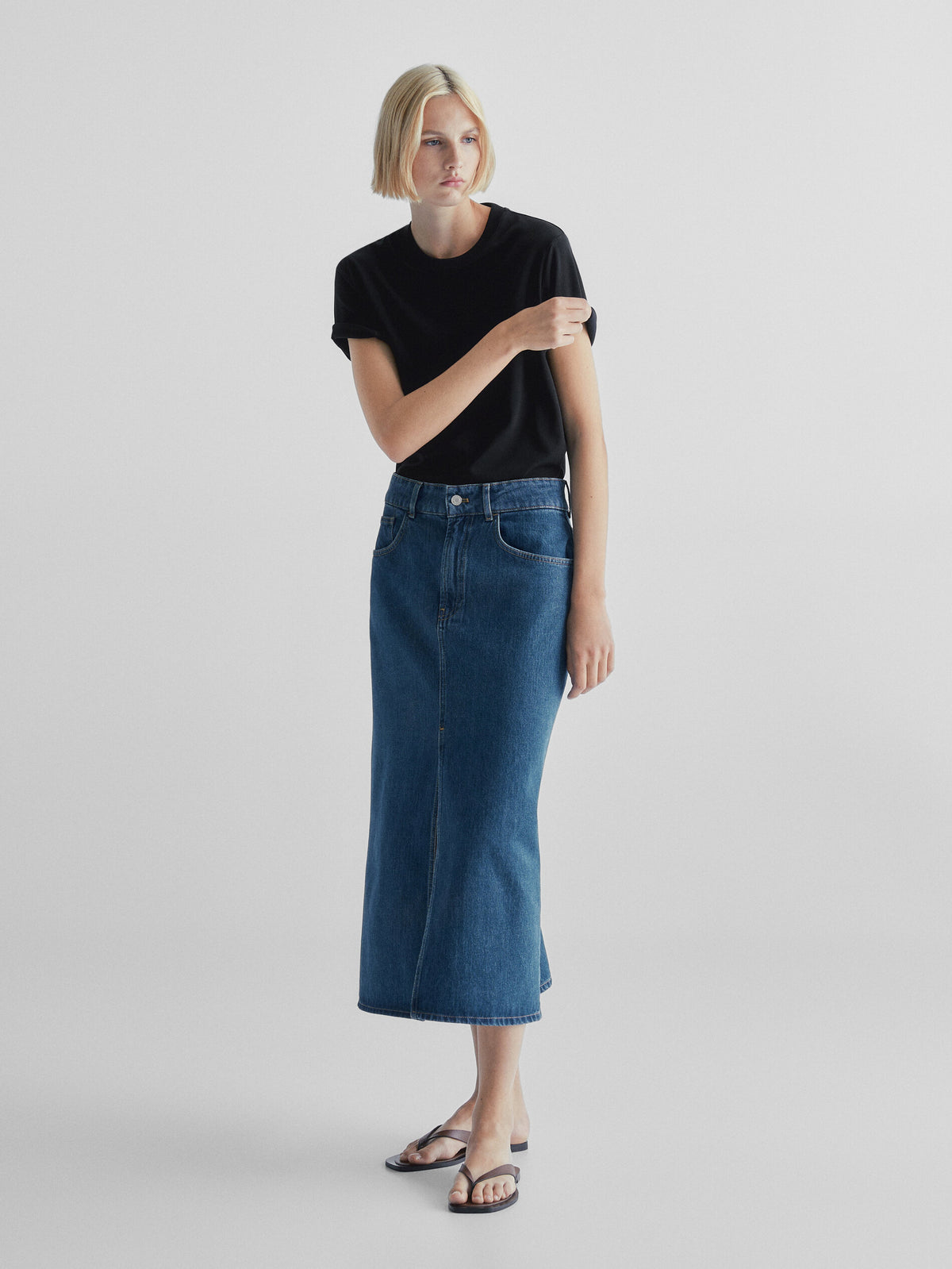 Falda midi denim tiro alto - AZUL MEDIO