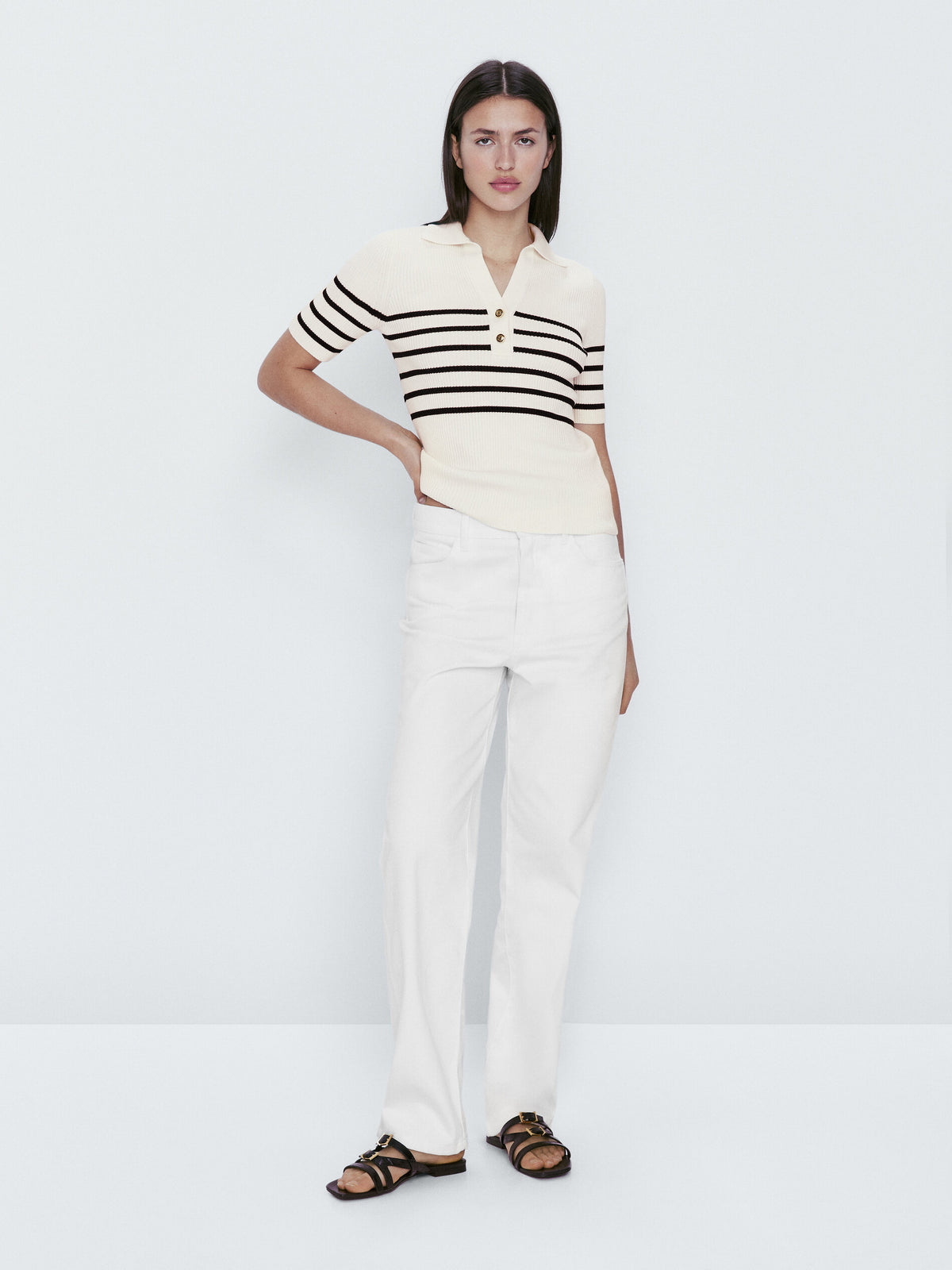 Jersey cuello polo canalé rayas - CRUDO