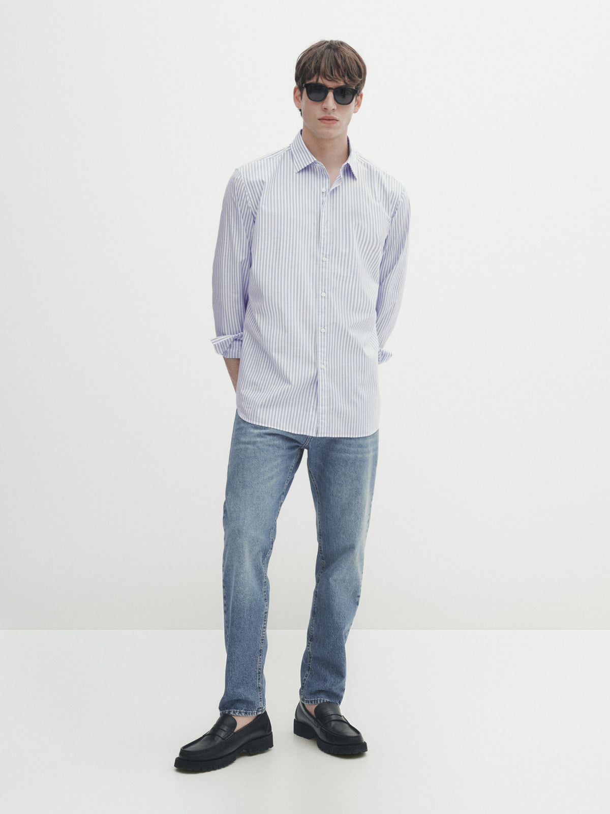Camisa rayas algodón slim fit - CELESTE