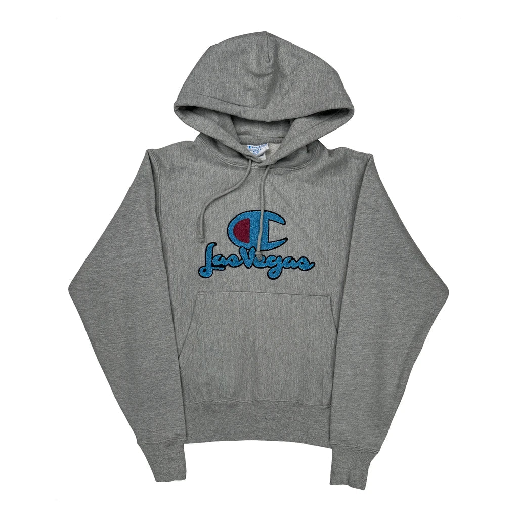 Reverse Weave Champion Graphic Hoodie - Small Gray Cotton Blend