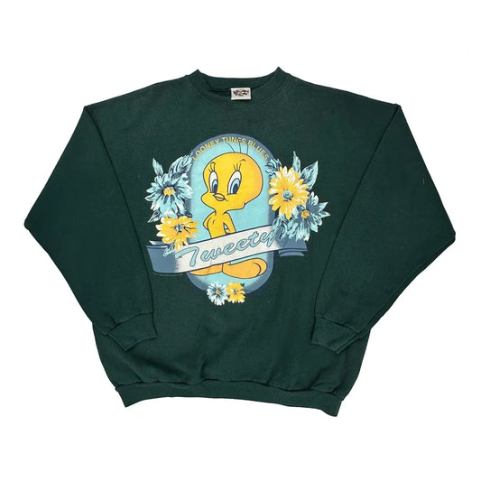 Tweety Bird Looney Tunes Sweatshirt - Large Green Cotton