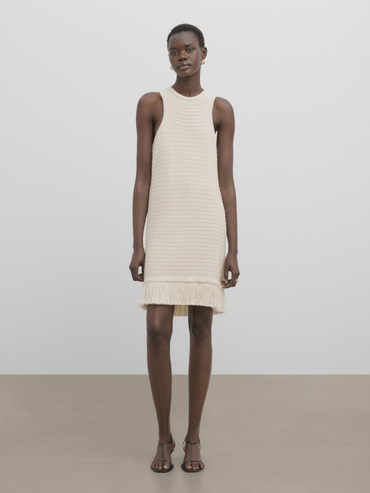 Vestido corto punto crochet flecos -Studio - BEIGE