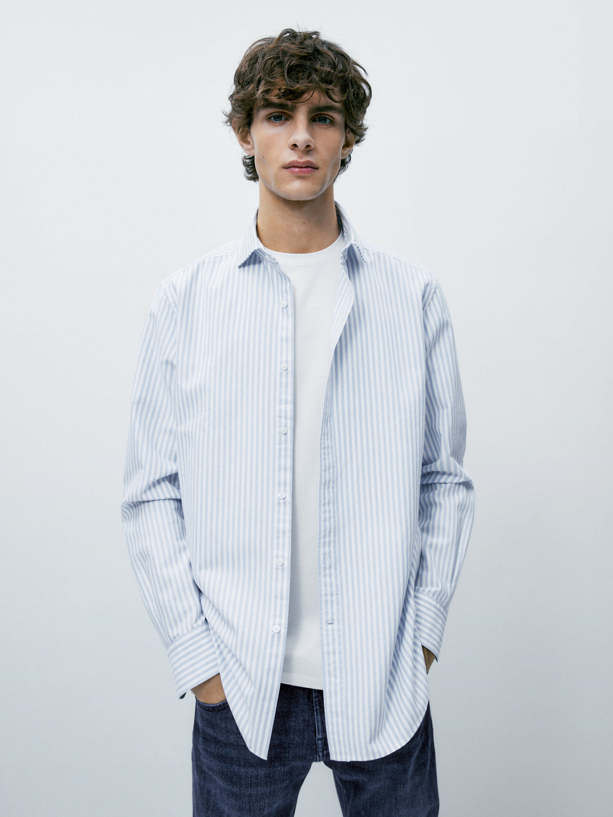 Camisa oxford rayas algodón slim fit - CELESTE