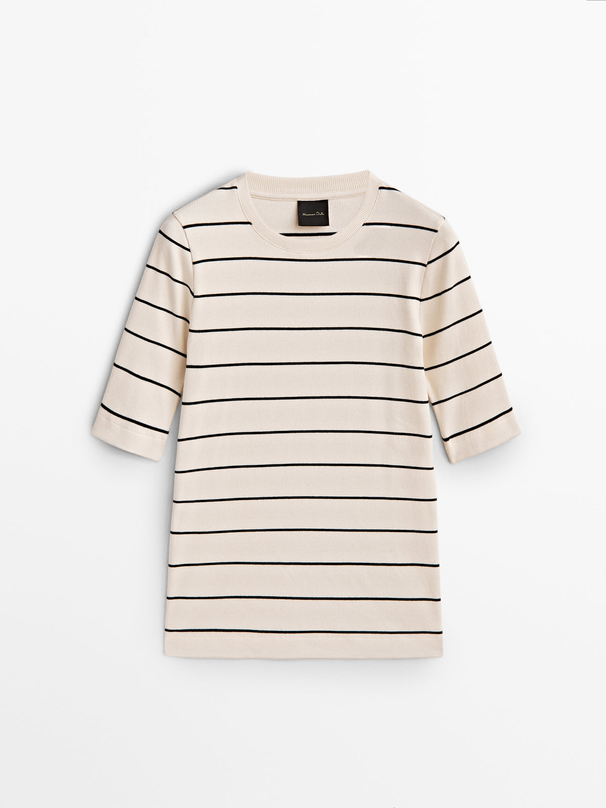 Camiseta rayas canalé manga 3/4 - CRUDO