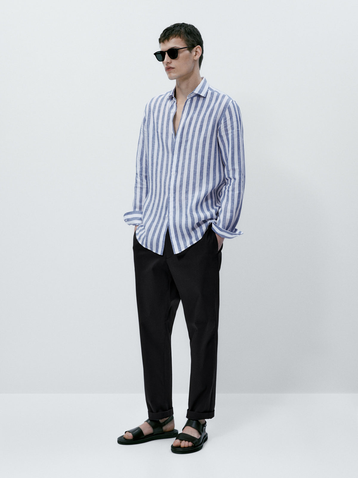Camisa rayas anchas 100% lino slim fit - AZUL MARINO