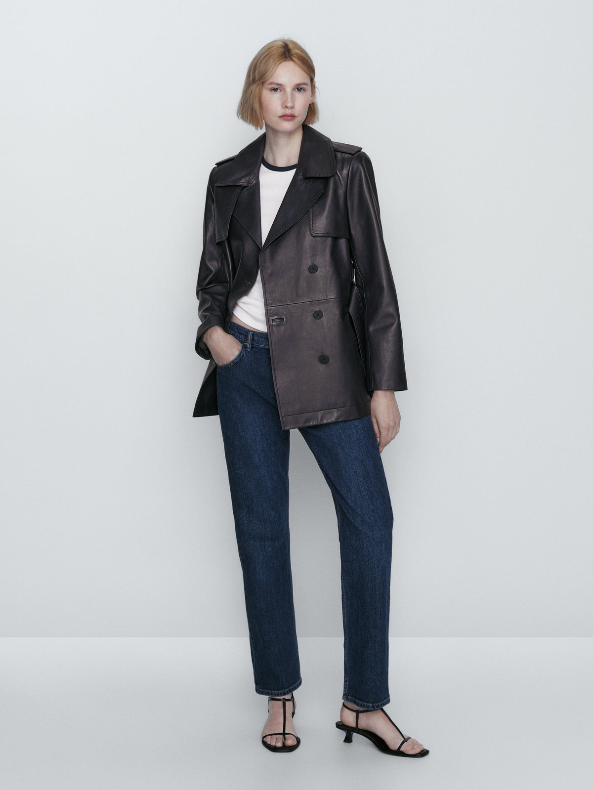 Chaqueta trench corta piel napa - AZUL MARINO
