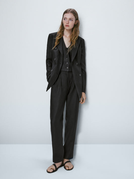 Americana traje cruzada 100% lino - NEGRO
