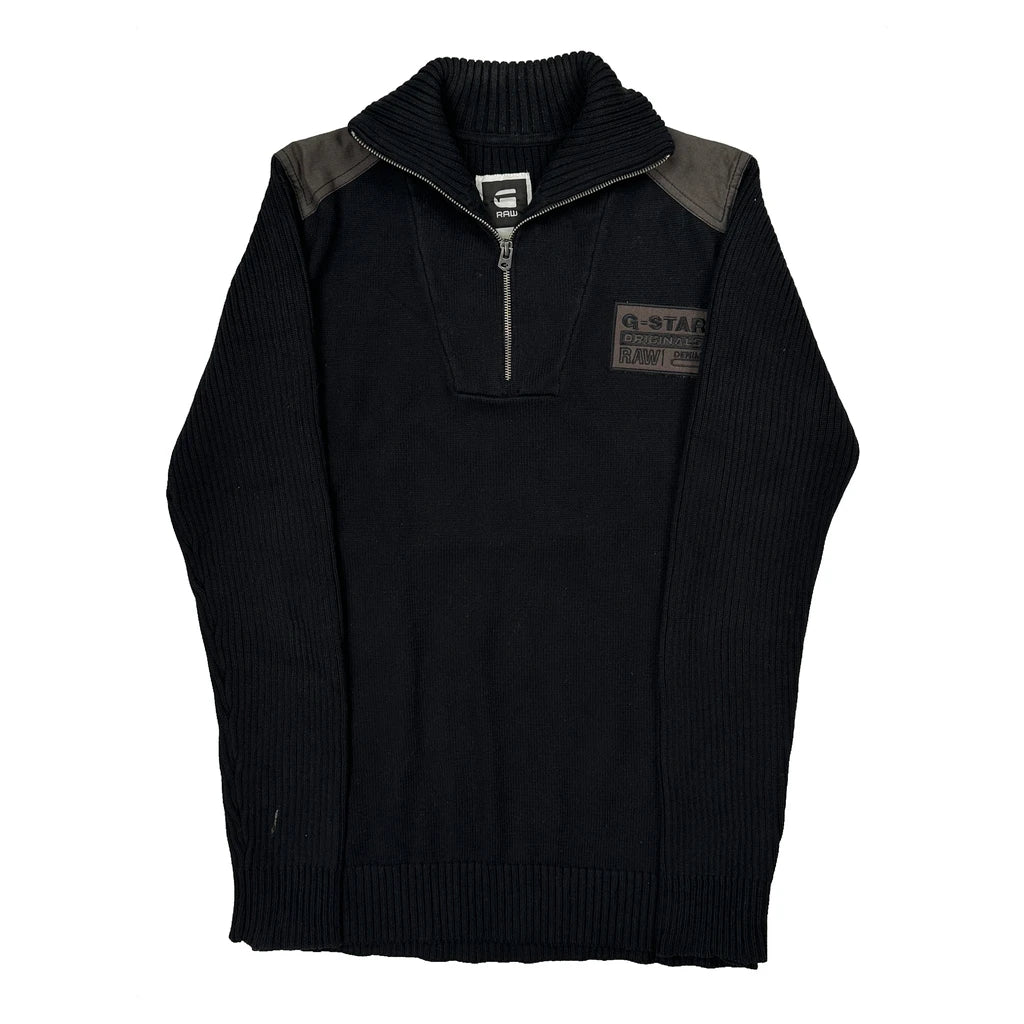Y2K G-Star Ribbed Knit 1/4 Zip - XL Black Cotton