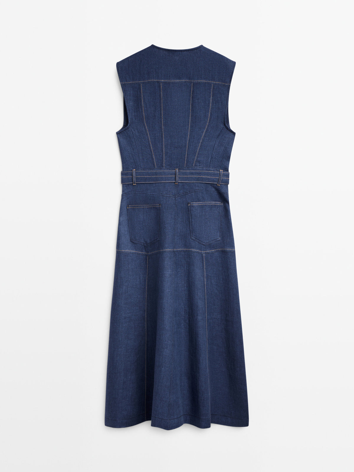 Vestido lino sin mangas pespuntes - AZUL MEDIO