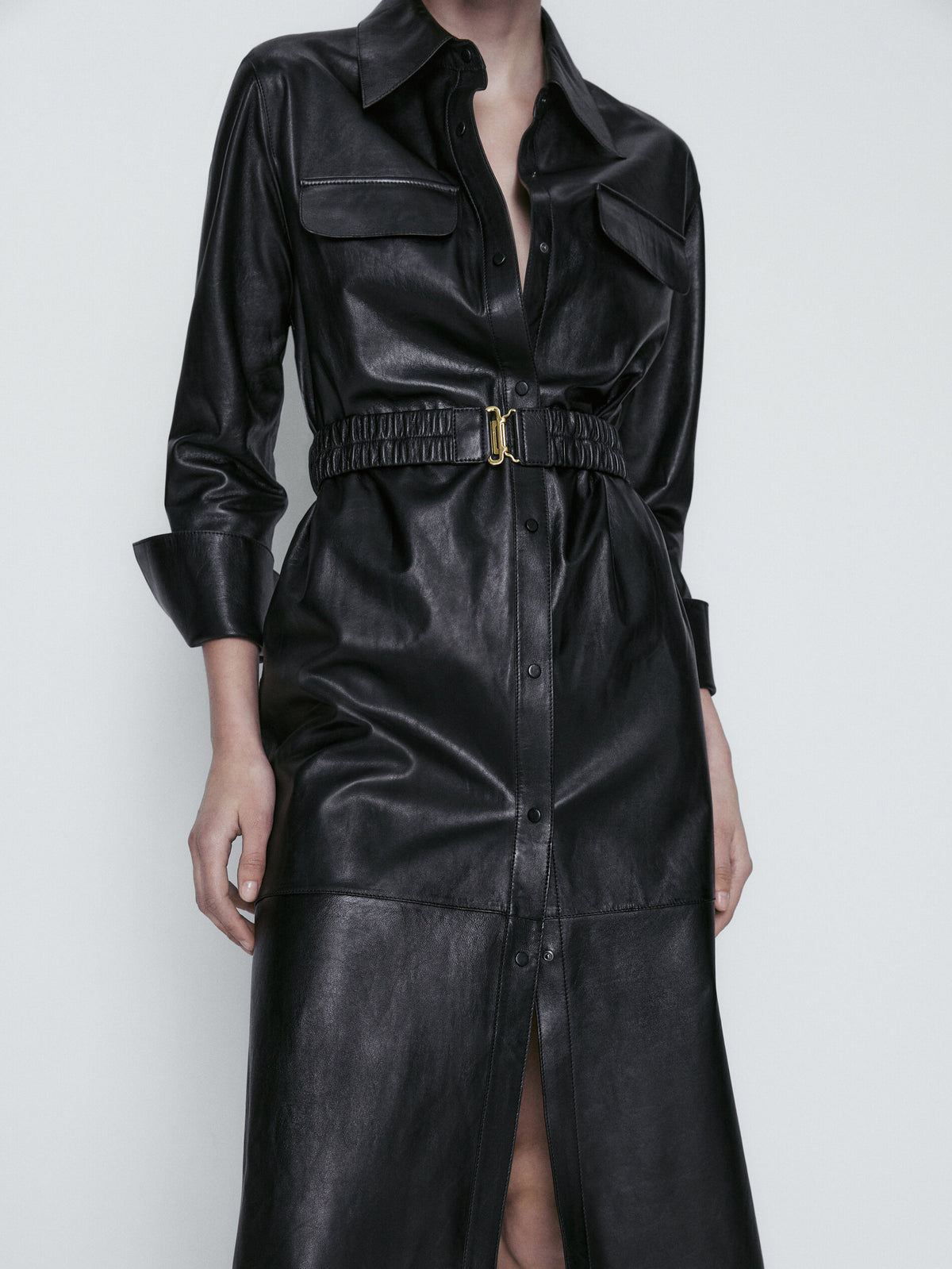 Vestido piel napa cinturón elástico - NEGRO