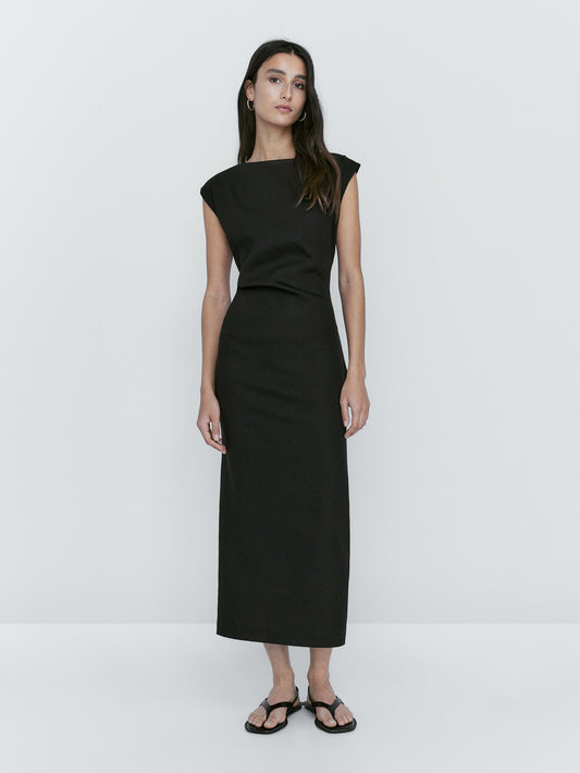 Vestido mezcla lino frunce lateral - NEGRO