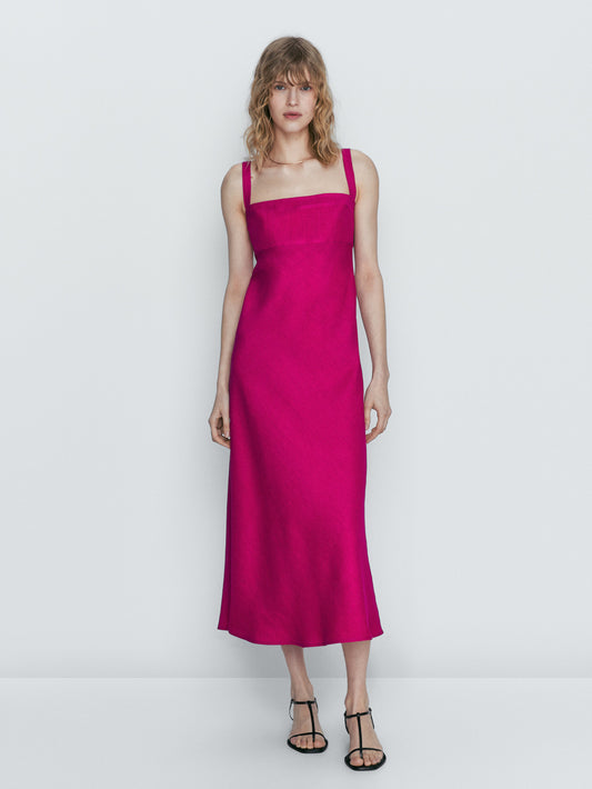 Vestido midi con lino tirantes - Buganvilla