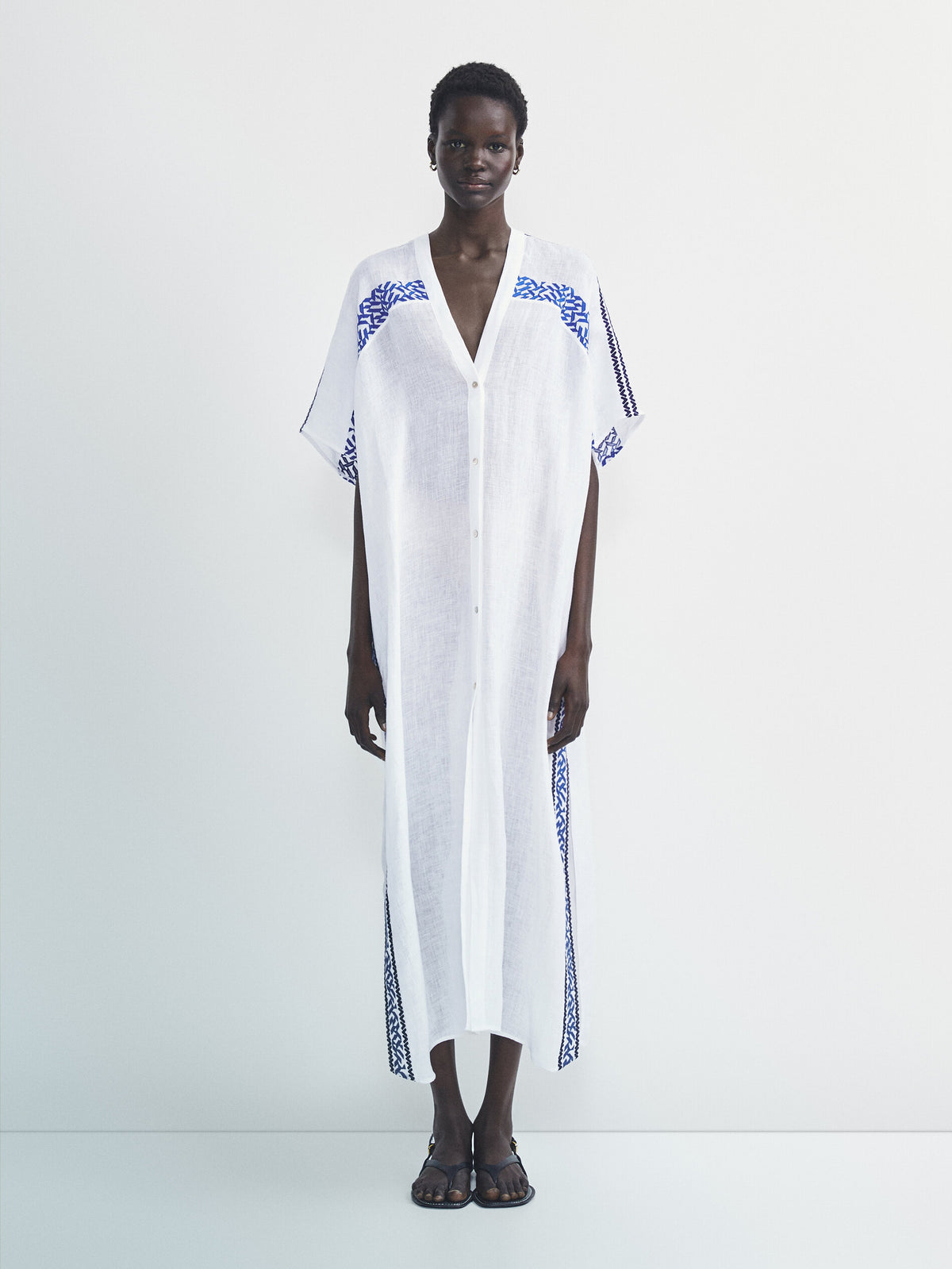 Maxi blusón camisero lino bordados - BLANCO