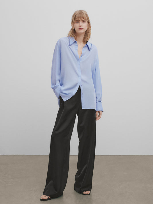 Pantalón negro satinado pinzas -Studio - NEGRO