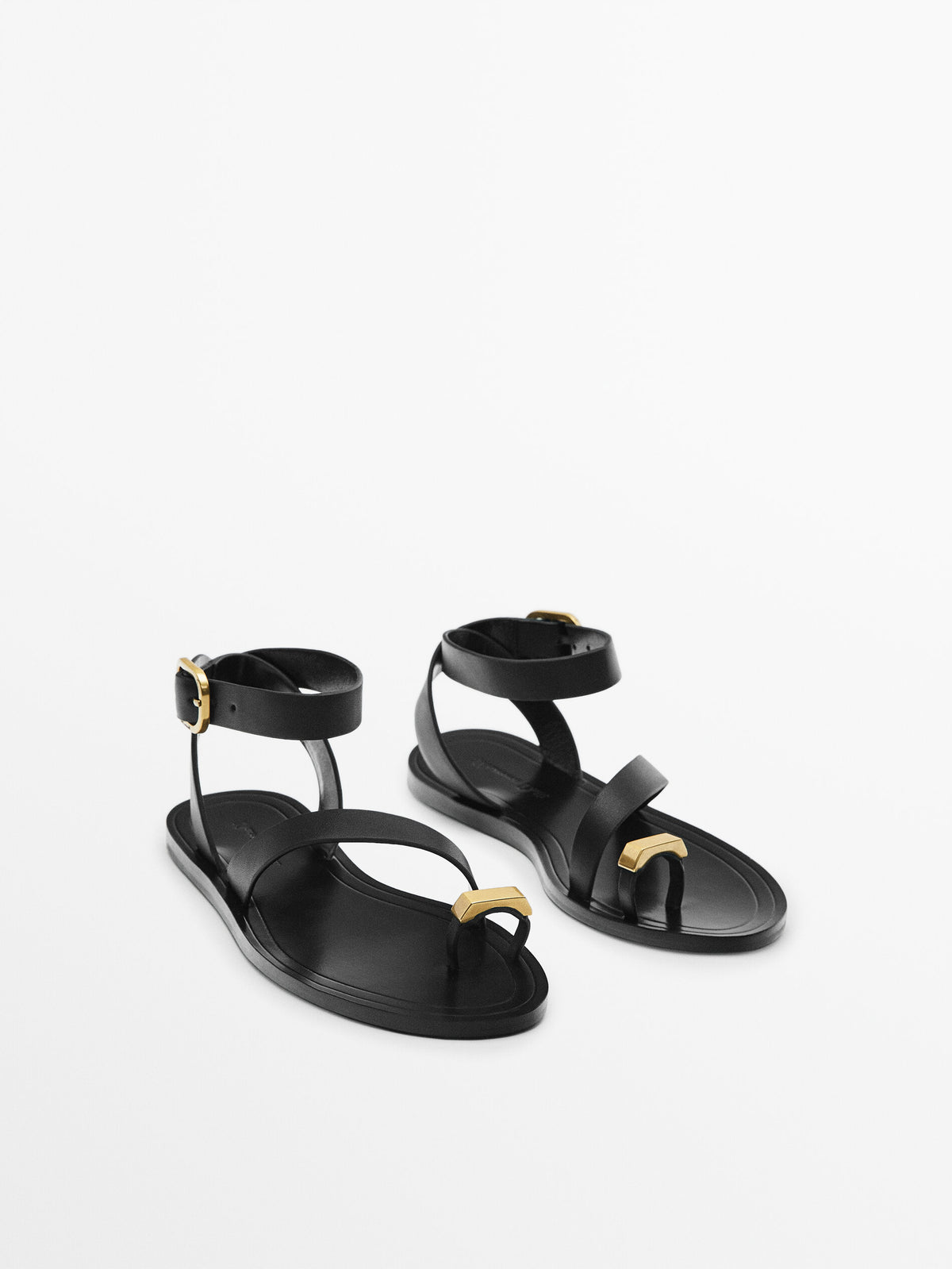 Sandalia plana piel pieza metalizada - NEGRO