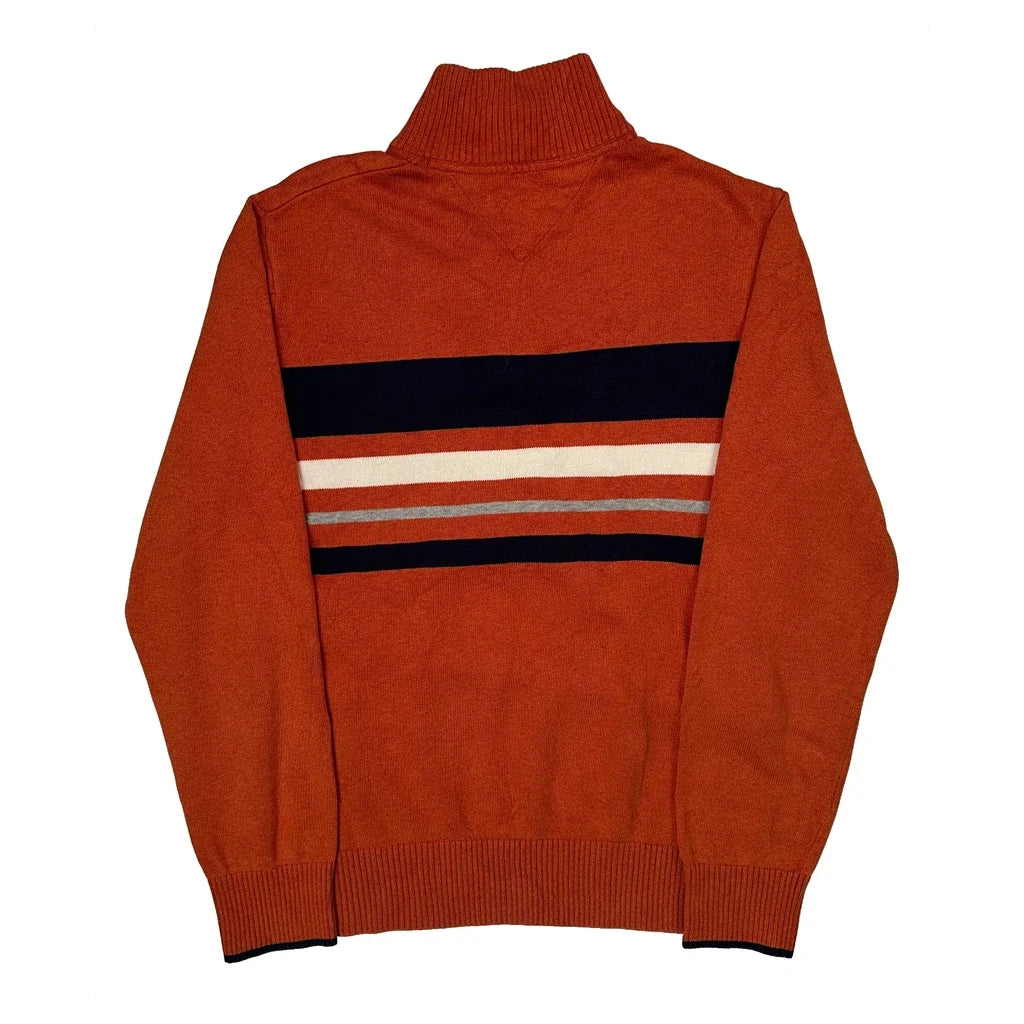 Tommy Hilfiger Striped 1/4 Zip - Large Orange Cotton