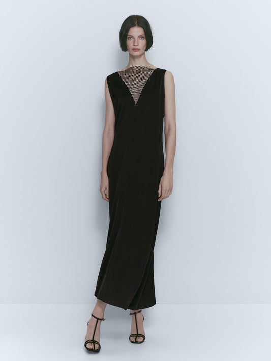 Vestido largo detalle malla abalorios - NEGRO