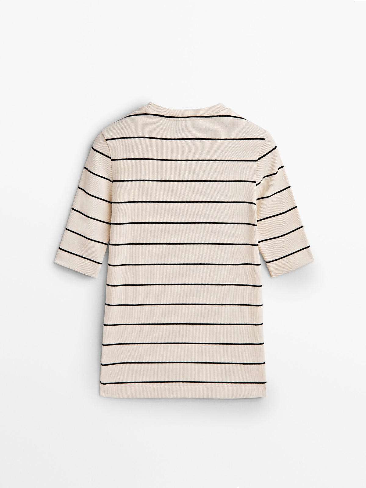Camiseta rayas canalé manga 3/4 - CRUDO