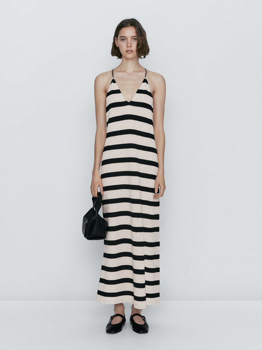 Vestido rayas mezcla algodón tirantes - CRUDO