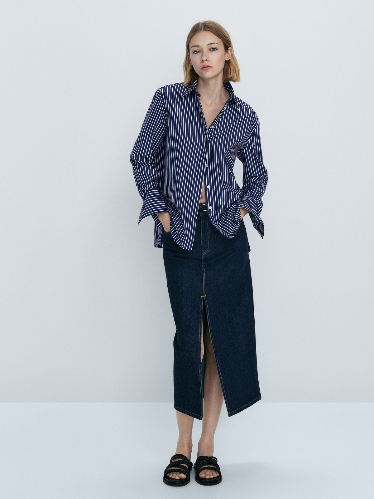 Camisa popelín algodón rayas - AZUL MARINO