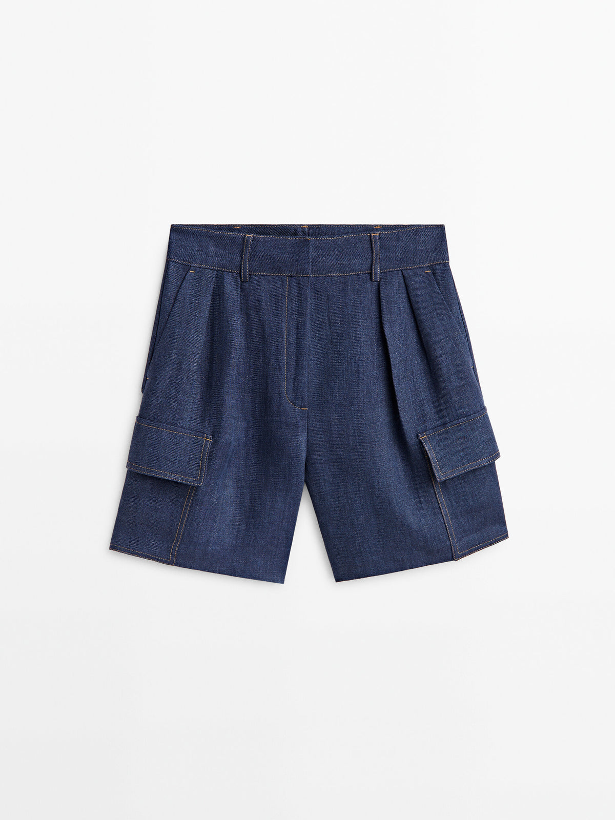 Bermuda cargo lino pespuntes - AZUL MARINO