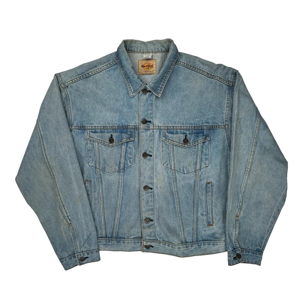 Hard Rock Cafe Graphic Denim Jacket - Large Blue Cotton