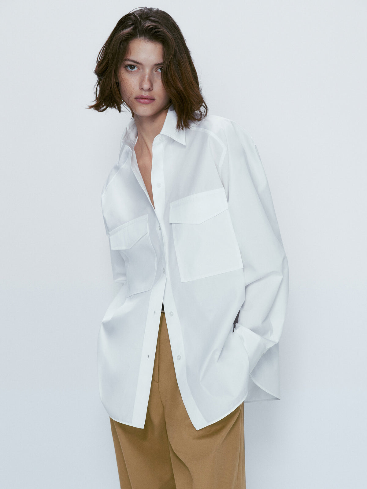 Camisa popelín algodón bolsillos - BLANCO