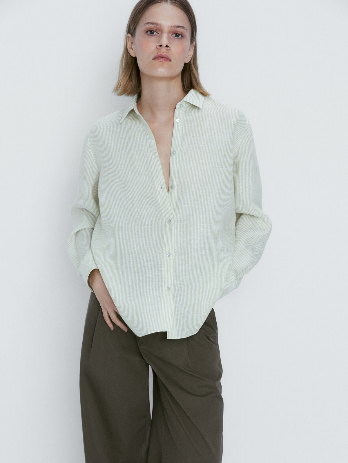 Camisa rayas 100% lino - VERDE