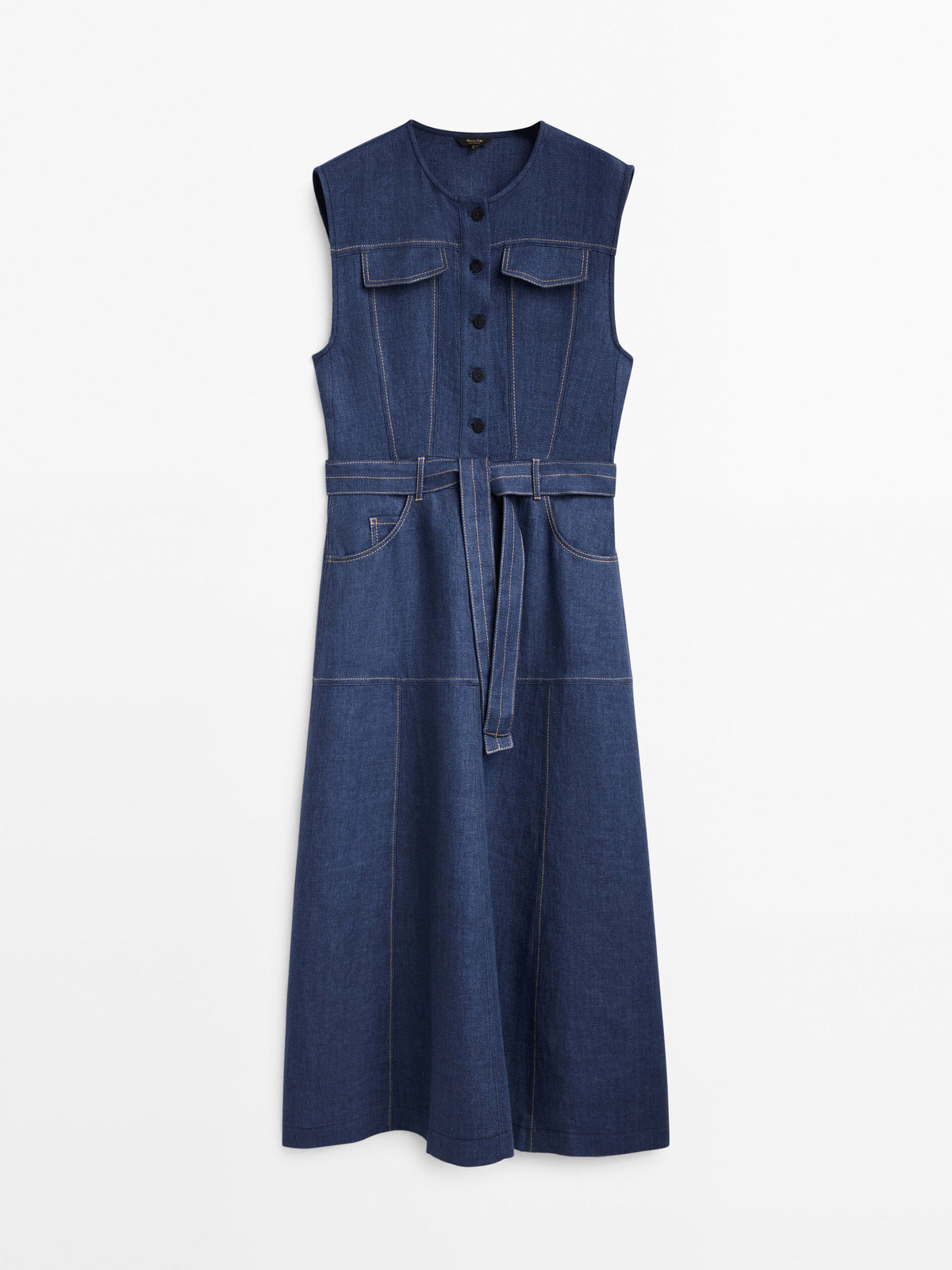 Vestido lino sin mangas pespuntes - AZUL MEDIO
