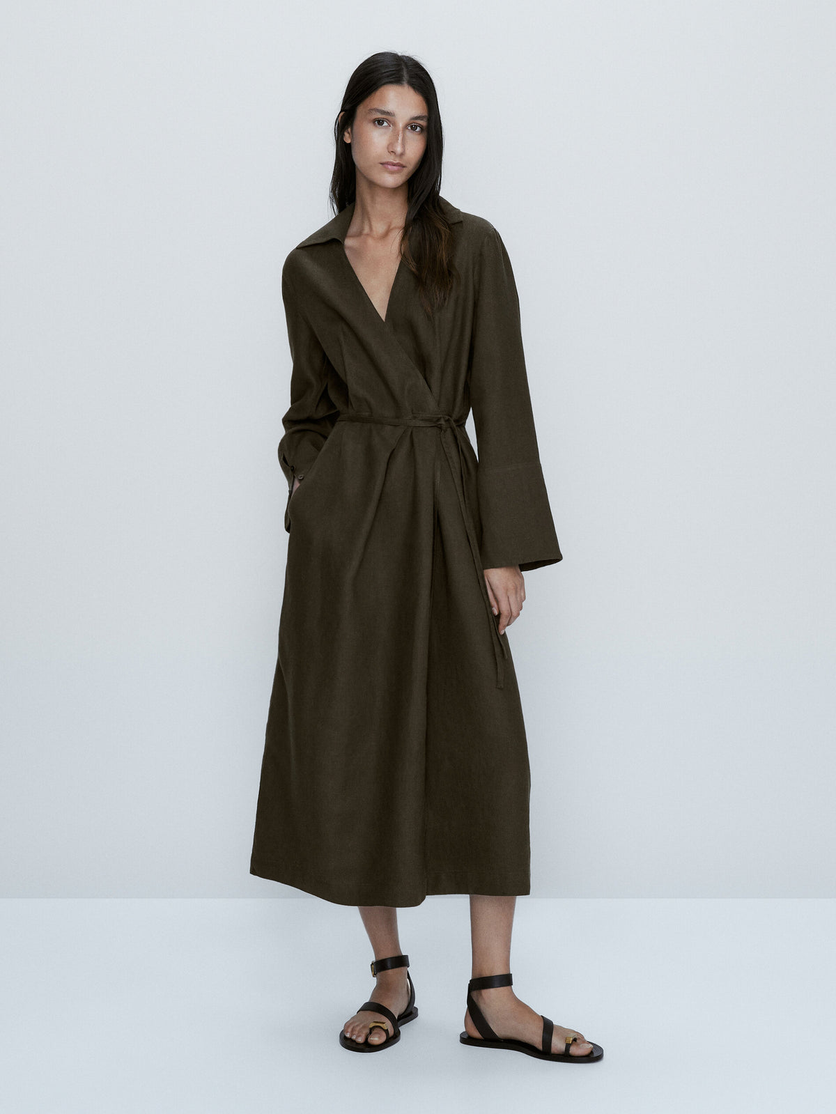 Vestido largo camisero lino - VERDE OSCURO