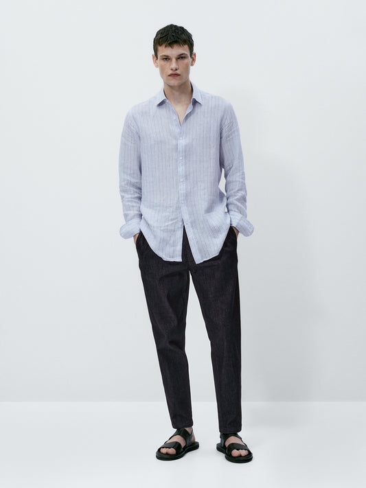 Camisa rayas 100% lino slim fit - CELESTE