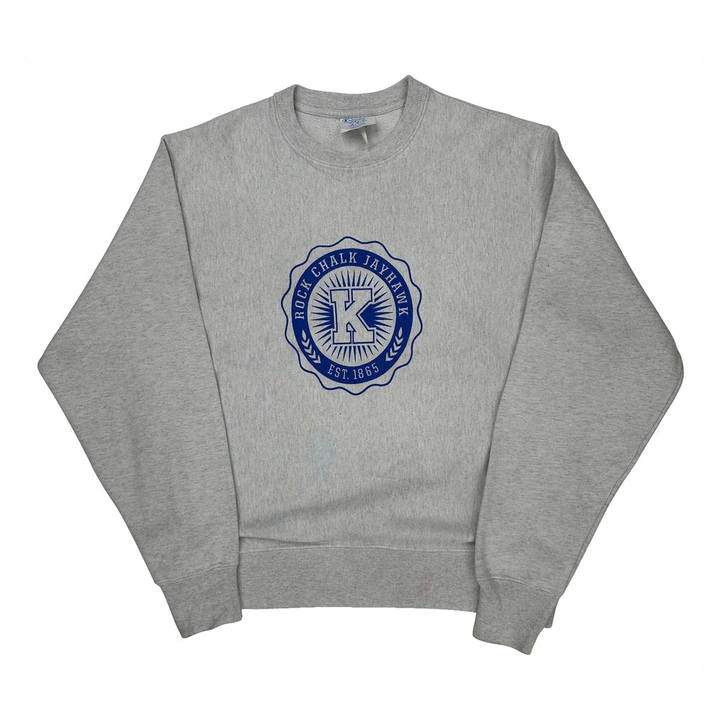 Reverse Weave Champion Rock Chalk Jayhawk Graphic Sweatshirt - Medium Gray Cotton