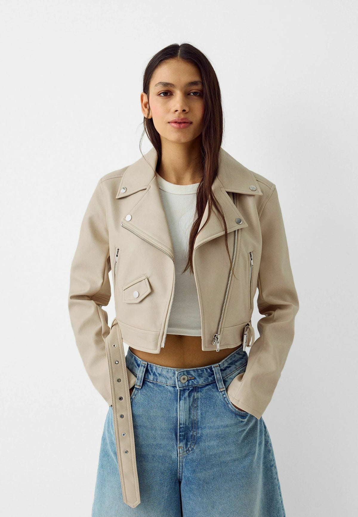 Bershka BELTED - BIKER - Giacca in similpelle