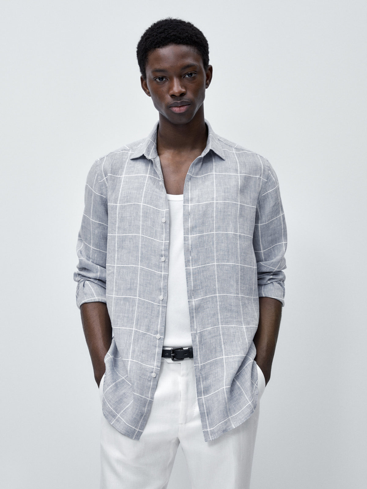 Camisa cuadros mezcla lino slim fit - CELESTE